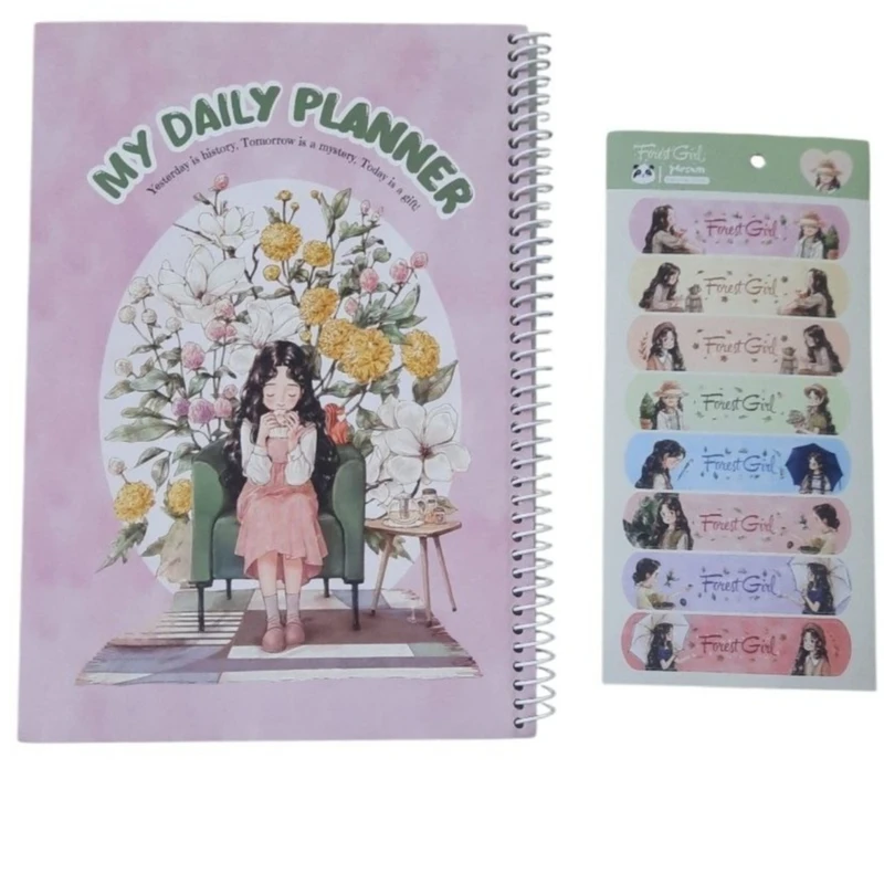 دفتر برنامه‌ریزی 50 برگ مدل دختر جنگل و گل کد mn542 به همراه برچسب