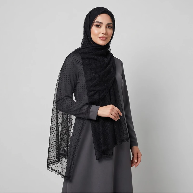 شال زنانه مدل توری خالخالی دور دانتل دار تابستانی