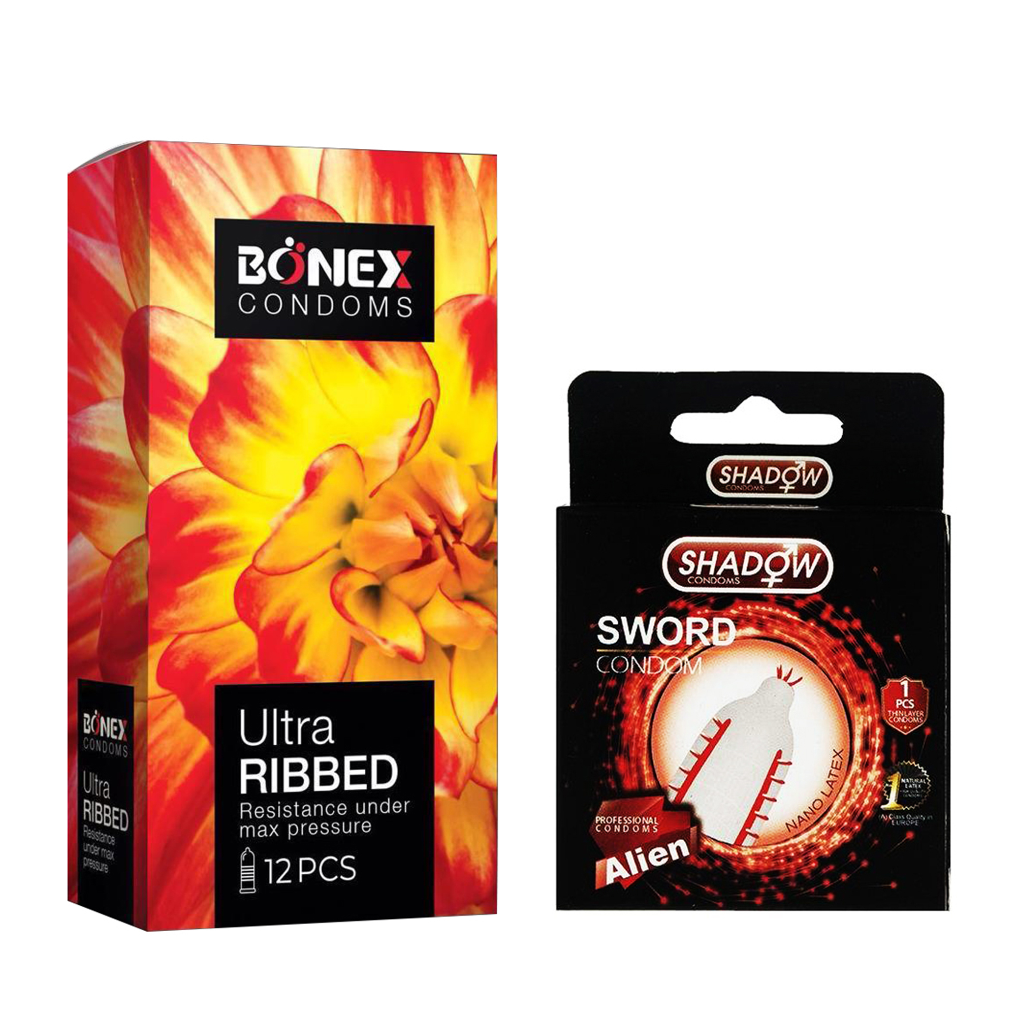 کاندوم بونکس مدل Ultra Ribbed بسته 12 عددی به همراه کاندوم شادو مدل Sword