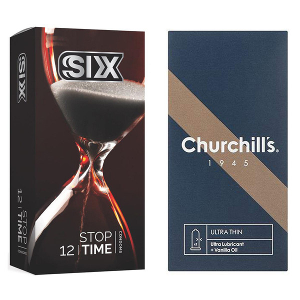 کاندوم چرچیلز مدل Ultra Thin بسته 12 عددی به همراه کاندوم سیکس مدل کلاسیک تاخیری بسته 12 عددی 