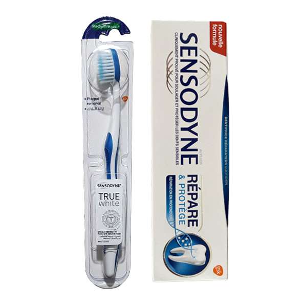 مسواک سنسوداین مدل TRUE WHITE با برس Medum به همراه خمیر دندان سنسوداین مدل REPRARE حجم 75 میلی لیتر