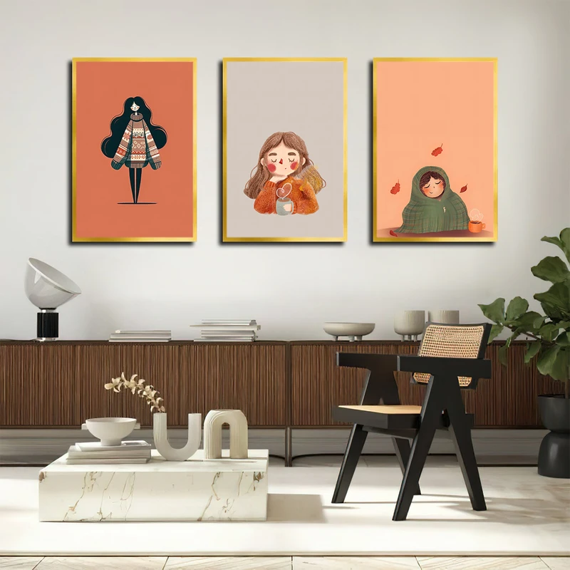 تابلو بکلیت طرح نقاشی فانتزی دخترانه مدل T-3703 فریم طلایی مجموعه 3 عددی