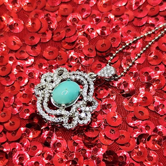 گردنبند نقره زنانه مدل سنگ فیروزه نیشابور آبکاری رادیوم کد 34040 -  - 3