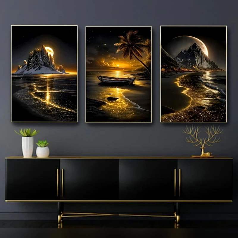 تابلو مدل دکوراتیو کد 6044 فریم طلایی مجموعه 3 عددی