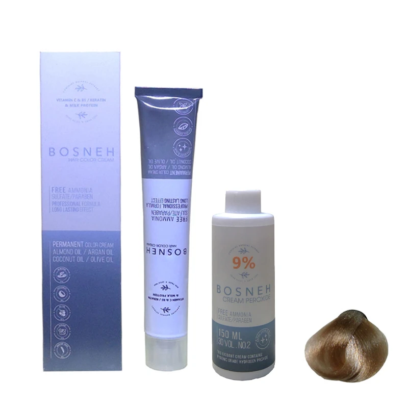 رنگ مو بوسنه مدل FREE AMMONIA شماره 8.73 حجم 100 میلی لیتر رنگ بلوند نسکافه ای روشن به همراه اکسیدان بوسنه مدل 30vol نه درصدی حجم 150 میلی لیتر