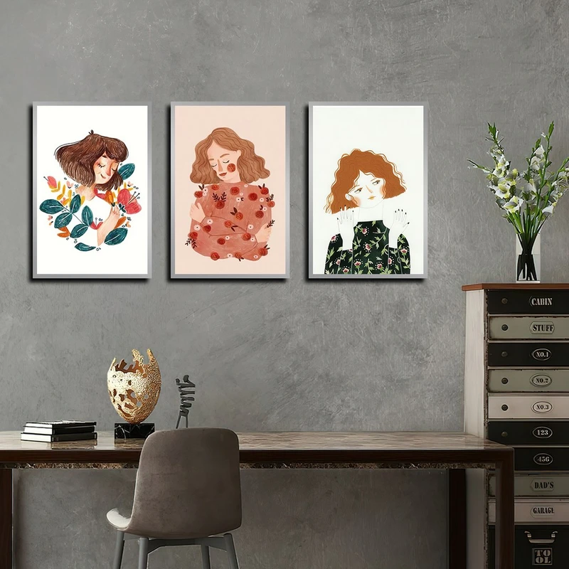 تابلو بکلیت طرح نقاشی مدرن و فانتزی مدل SI-3974 فریم نقره ای مجموعه 3 عددی