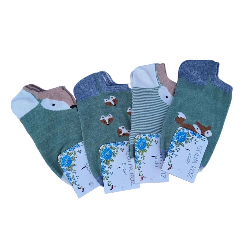 جوراب ساق کوتاه زنانه مدل نخی طرح روباه بسته 4 عددی