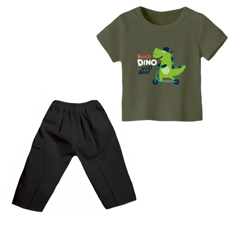 ست تی شرت و شلوارک پسرانه مدل دایناسور کد ۱۰ رنگ سبز