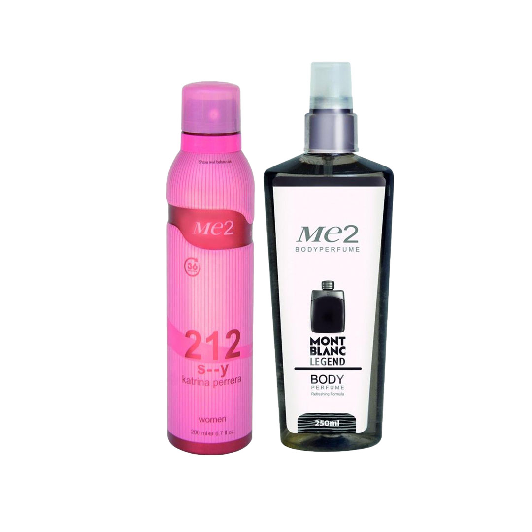 اسپری بدن زنانه می تو مدل 212 حجم 200 میلی لیتر به همراه بادی اسپلش مردانه می تو مدل مون بلان حجم 250 میلی لیتر 