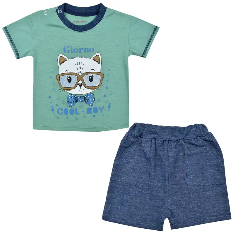 ست تی شرت آستین کوتاه و شلوارک نوزادی بی بی وان مدل گربه