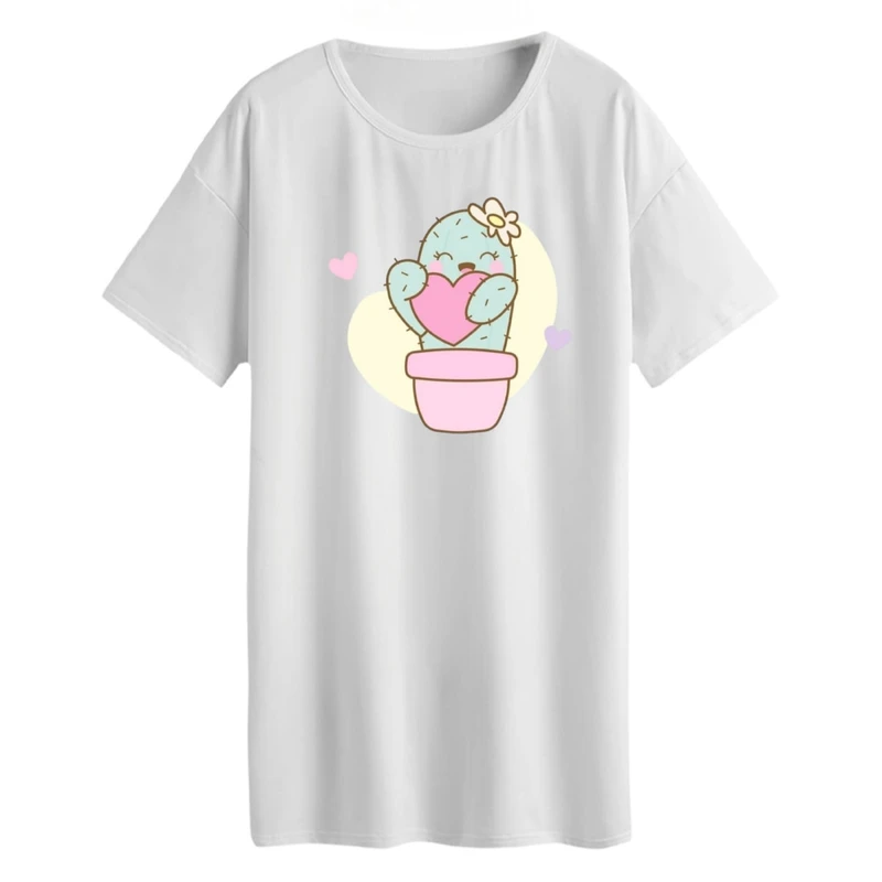 تی شرت لانگ زنانه مدل کاکتوس قلبی رنگ سفید