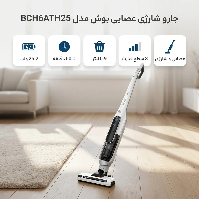 عکس شماره 2 : جارو شارژی عصایی بوش مدل bch6ath25 با باتری 25.2 ولت، 3 سطح قدرت، دکمه توربو و نشانگر led تمیز کردن فیلتر، عملکرد تا 60 دقیقه و ظرفیت مخزن 0.9 لیتر