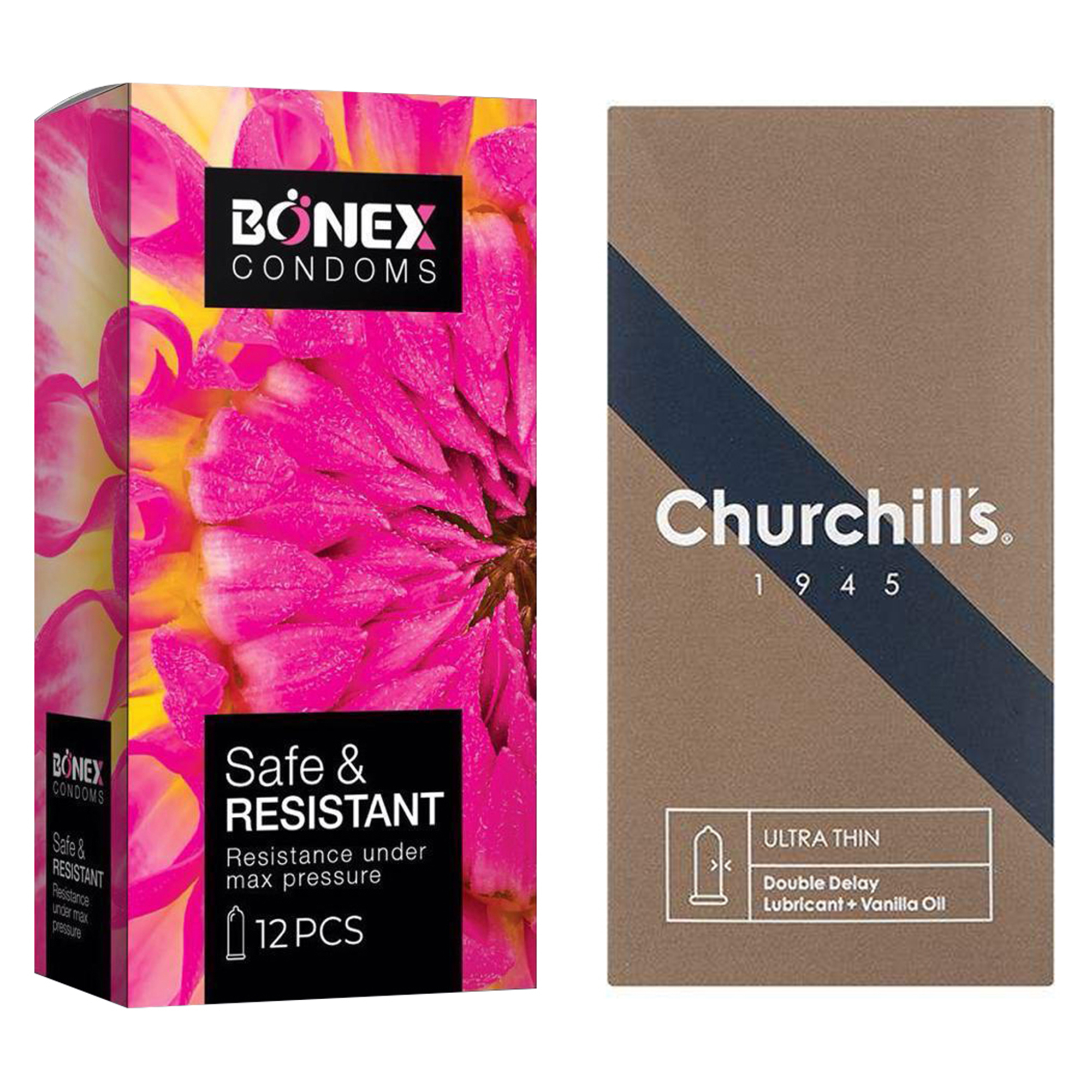 کاندوم چرچیلز مدل Ultra Thin Double Delay بسته 12 عددی به همراه کاندوم بونکس مدل Safe  & Resistant بسته 12 عددی 