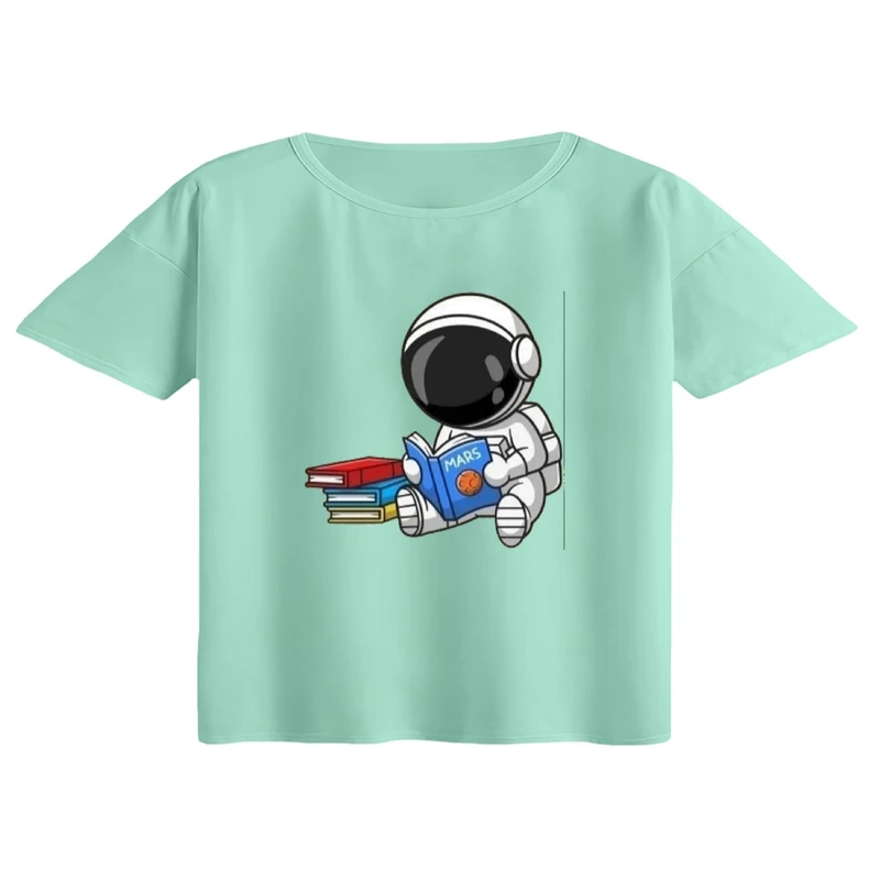 کراپ تی‌شرت آستین کوتاه زنانه مدل فضانورد و کتاب