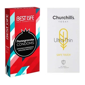 کاندوم چرچیلز مدل Safe Touch بسته 12 عددی به همراه کاندوم بست لایف مدل Pomegranate بسته 12 عددی