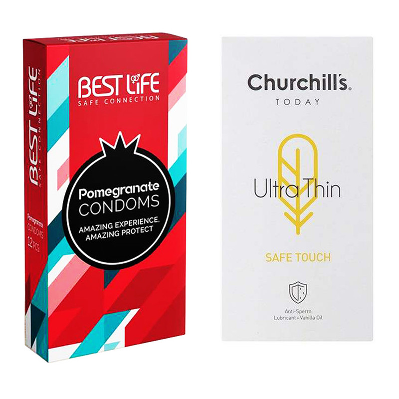 کاندوم چرچیلز مدل Safe Touch بسته 12 عددی به همراه کاندوم بست لایف مدل Pomegranate بسته 12 عددی