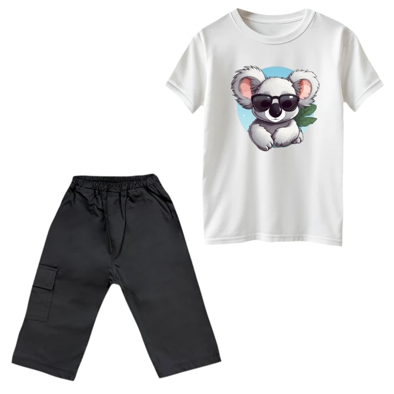 ست تی‌شرت و شلوارک پسرانه مدل کوالا و عینک رنگ سفید