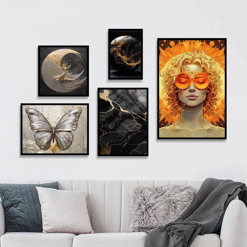 تابلو بکلیت طرح نقاشی مدرن چهره و پروانه طلایی مدل B-1231 مجموعه 5 عددی