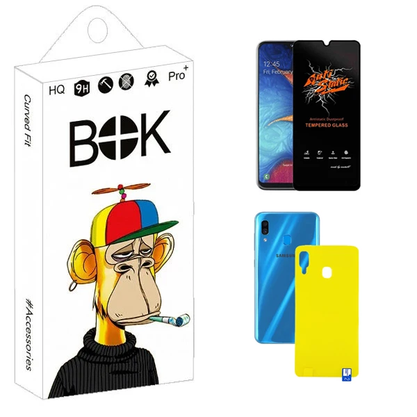 محافظ صفحه نمایش بوک مدل Carbon Antistatic مناسب برای گوشی موبایل سامسونگ Galaxy A20 به همراه محافظ پشت گوشی