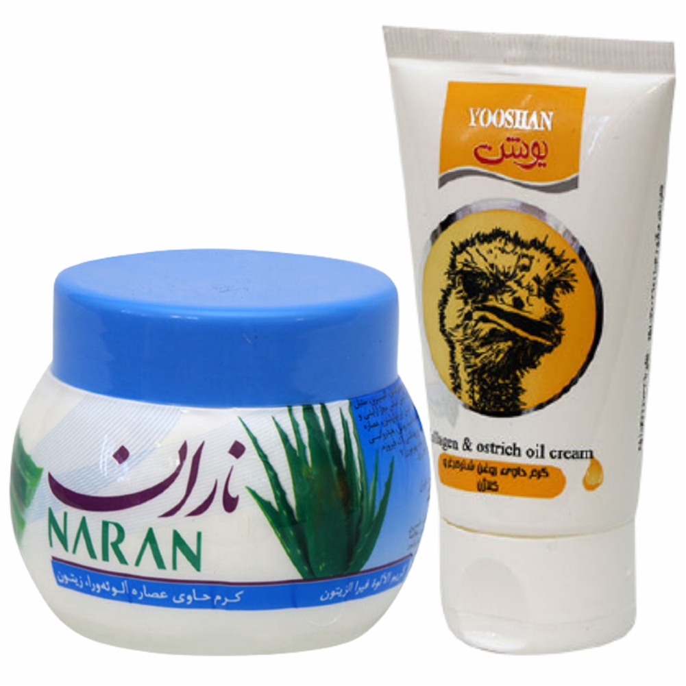 کرم مرطوب کننده یوشن مدل شتر مرغ حجم 50 میلی لیتر به همراه کرم مرطوب کننده ناران مدل آلوئه ورا حجم 180 میلی لیتر
