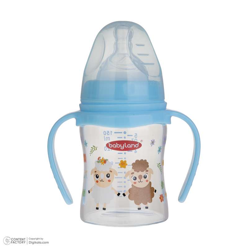 شیشه شیر بیبی لند مدل دهانه عریض فندقی پیرکس دسته دار کد 05455 گنجایش 150 میلی لیتر