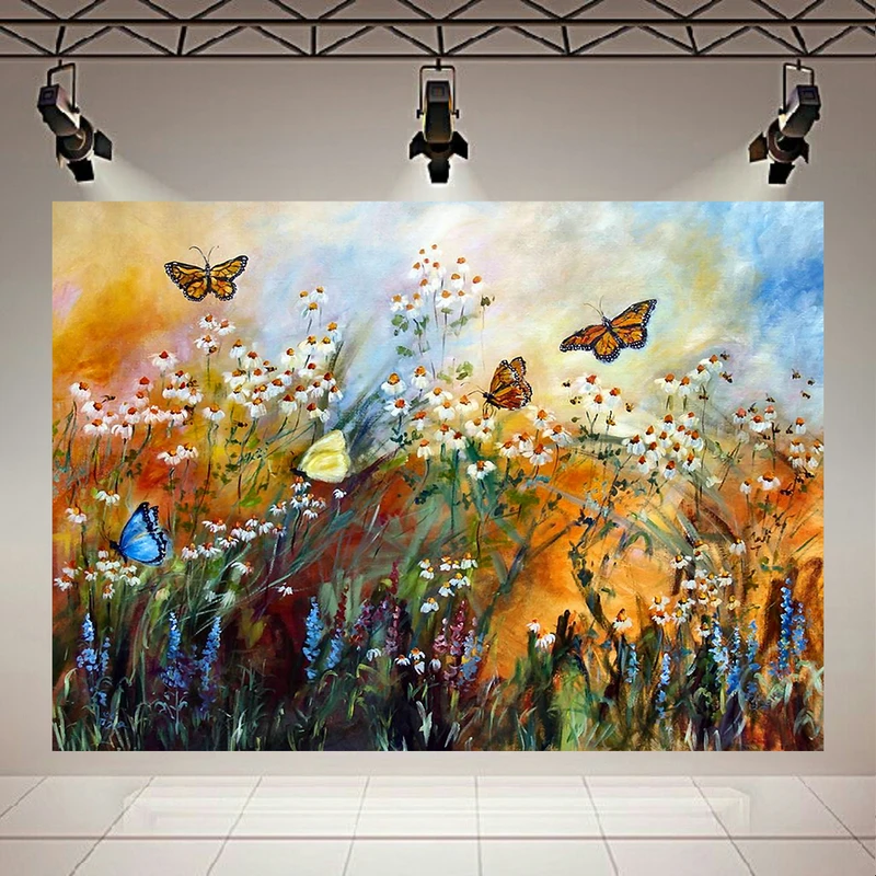 پوستر پارچه ای مدل چرم مخمل طرح نقاشی گلها و پروانه ها کد AR2190