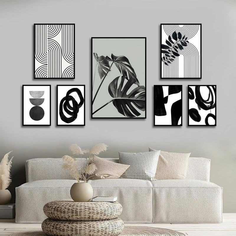 تابلو بکلیت طرح نقاشی مینیمال و برگ انجیری مدل B-2664 مجموعه 7 عددی