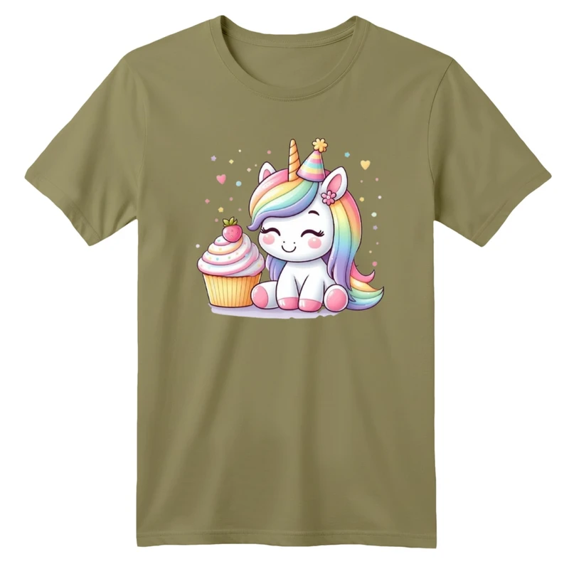 تی شرت آستین کوتاه بچگانه مدل تک شاخ و کیک فنجانی