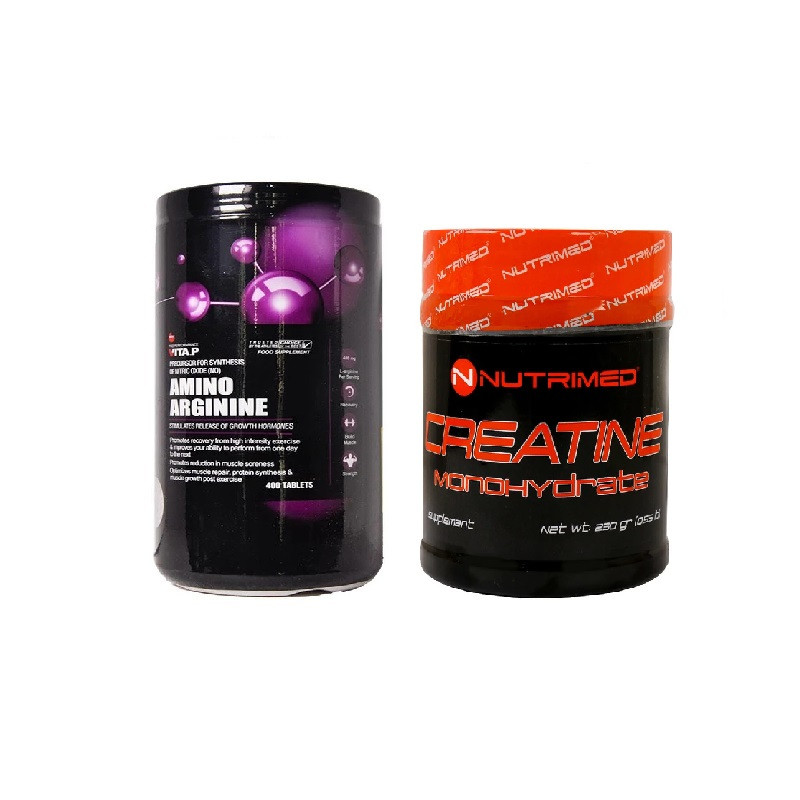 پودر کراتین مونوهیدرات نوتریمد - 250 گرم به همراه قرص آمینو آرژینین ویتاپی بسته 400 عددی