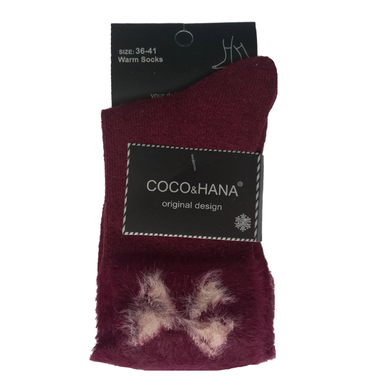جوراب زنانه کوکو اند هانا مدل پشمی خزدار زمستانی طرح پاپیون رنگ زرشکی