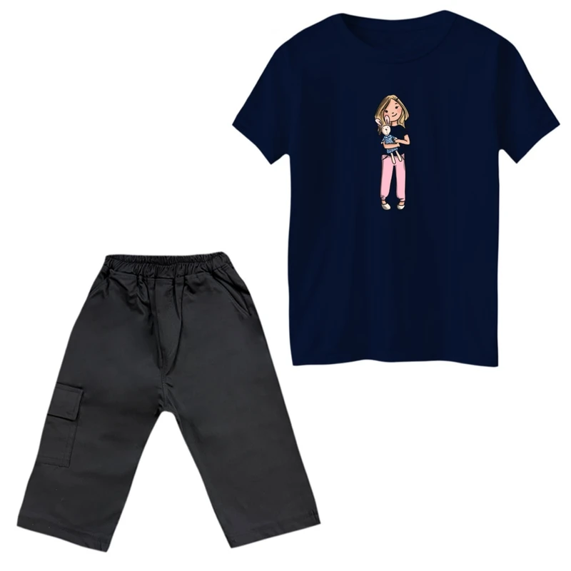 ست تی‌شرت و شلوارک دخترانه مدل دخترک و خرگوش رنگ سرمه ای