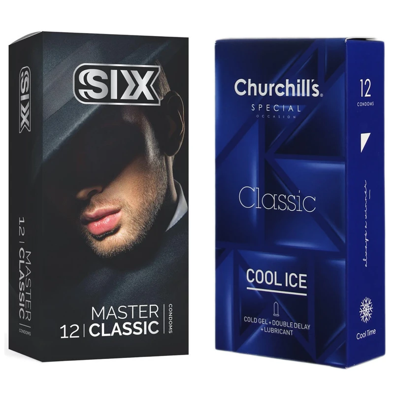کاندوم چرچیلز مدل Cool Ice بسته 12 عددی به همراه کاندوم سیکس مدل کلاسیک بسته 12 عددی 