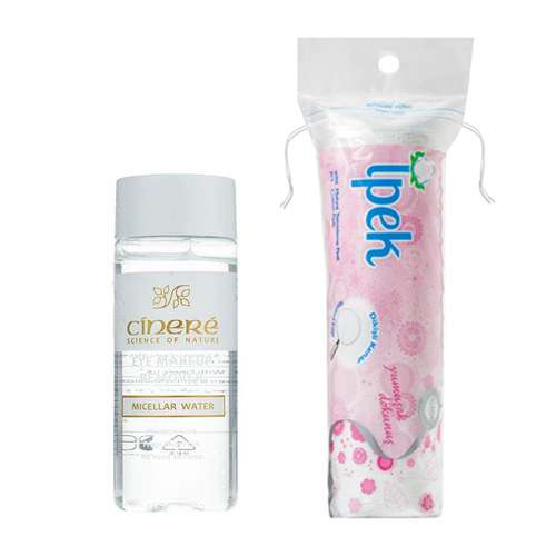 لوسیون پاک کننده آرایش چشم سینره مدل Micellar water حجم 120 میلی لیتر به همراه پد آرایش پاک کن ایپک مدل 01 بسته 70 عددی