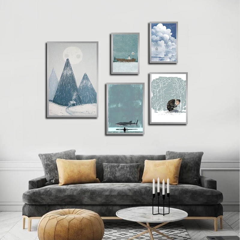 تابلو بکلیت طرح نقاشی کوه و دریا و برف زمستان مدل SI-3478 فریم نقره ای مجموعه 5 عددی