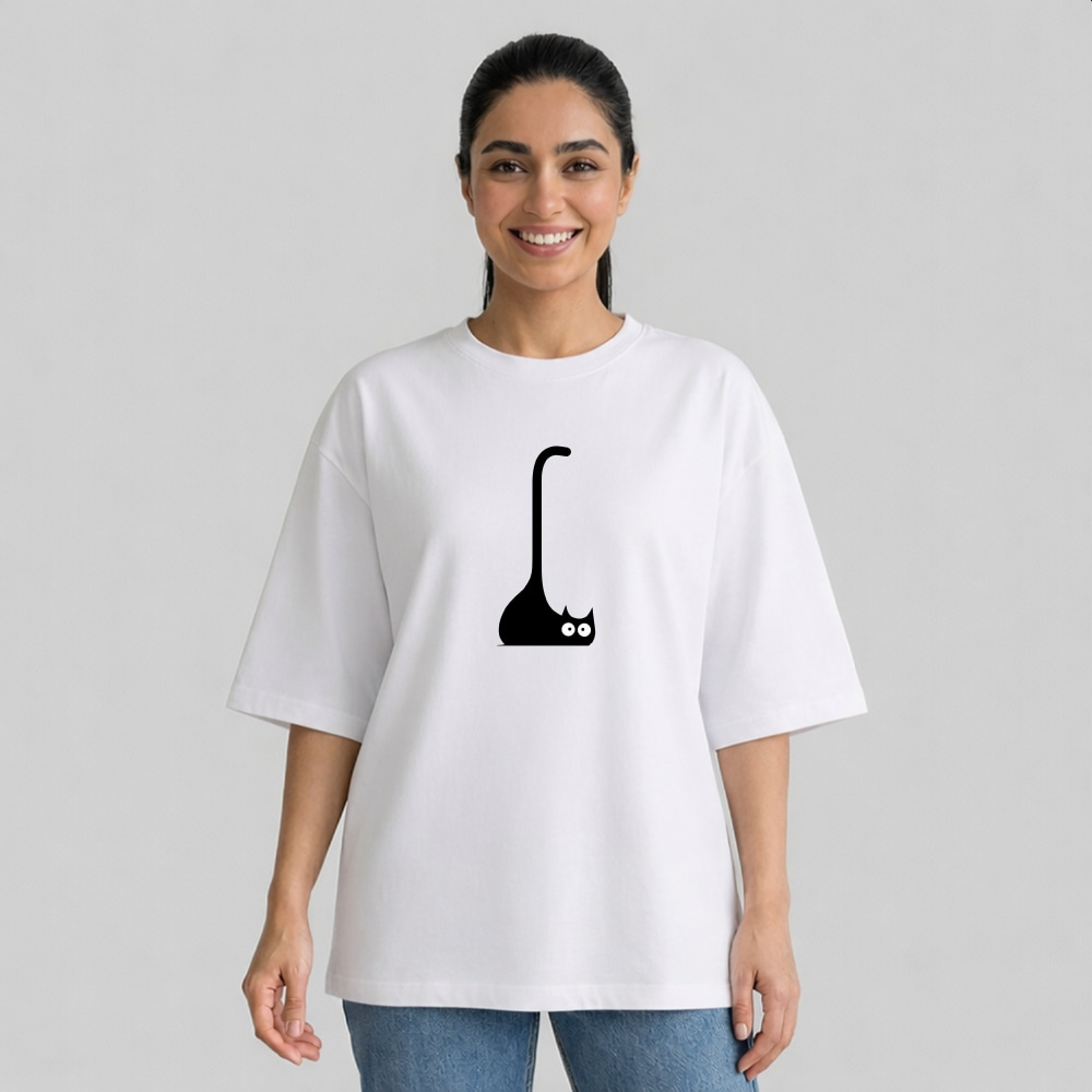تی شرت آستین سه ربع زنانه مدل باکسی طرح گربه کد p14