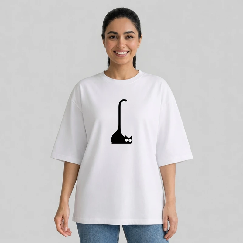 تی شرت آستین سه ربع زنانه مدل باکسی طرح گربه کد p14