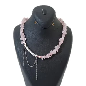 گردنبند دست ساز زنانه مدل سنگ رزکوارتز حدید