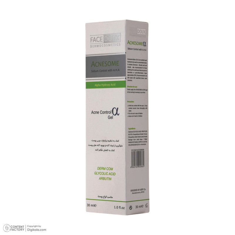 ژل کنترل کننده چربی و ضد جوش فیس دوکس مدل آکنه زوم AHA مناسب پوست های چرب حجم 30 میلی لیتر