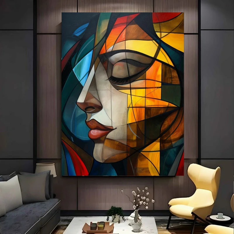 پوستر پارچه ای طرح مخمل کوبیسم نیم رخ مدل رنگارنگ کد FP106258