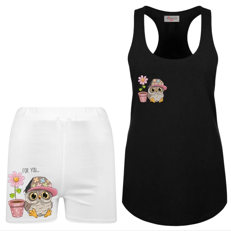 ست تاپ و شلوارک راحتی زنانه مدل جغد و گلدون