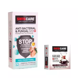 کاندوم سوئیس کر مدل ANTI BACTERIAL بسته 12 عددی به همراه کاندوم سوئیس کر مدل BITTER COFFEE بسته 3 عددی 