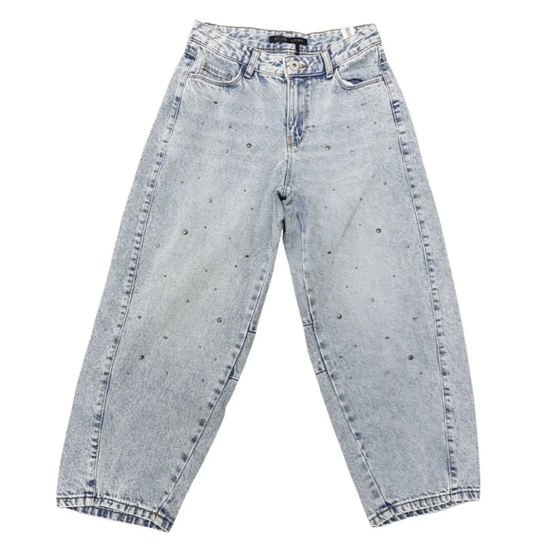 شلوار جین مام استایل دخترانه مدل نگین دار بالنی