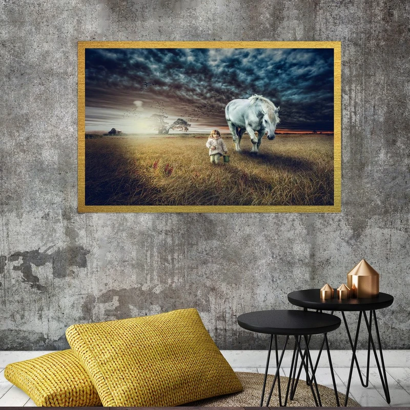 تابلو بکلیت طرح منظره مزرعه و اسب مدل قاب شاسی T-S8488