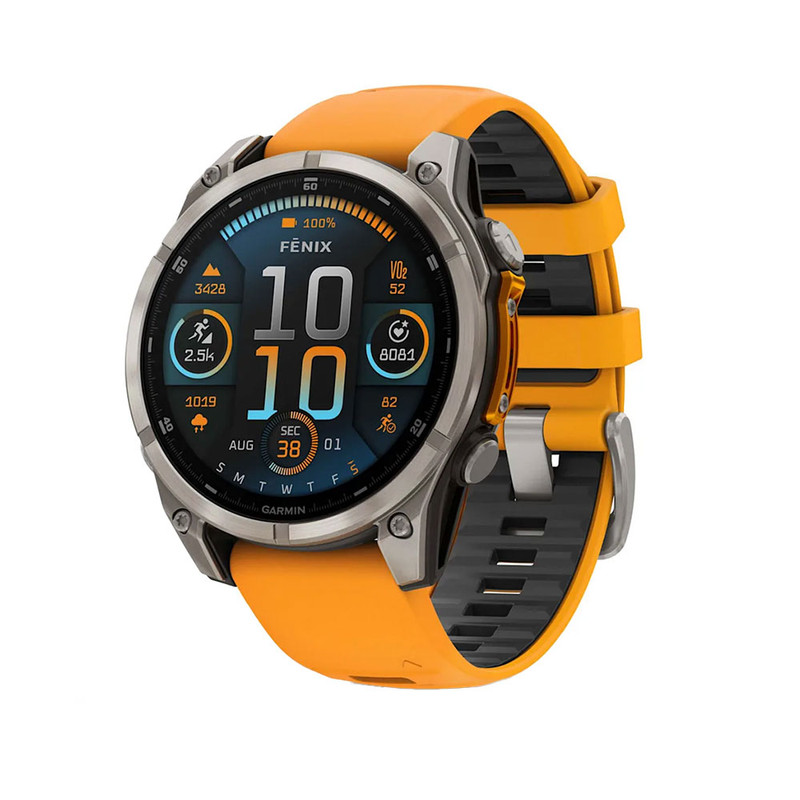 ساعت هوشمند گارمین مدل Fenix 8 - 47mm دارای قابلیت های صفحه نمایش لمسی، کنترل موسیقی، کنترل سطح اکسیژن خون، ضد آب، بند سیلیکون