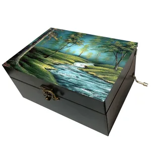 جعبه موزیکال مدل هندلی طرح نقاشی منظره رودخانه جنگل درخت کد T1101
