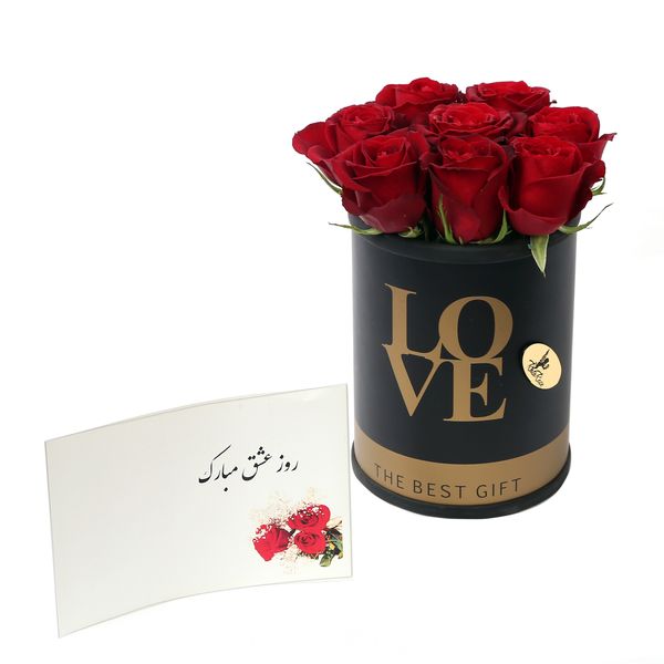 سبد گل رز راتا رز کد B8 به همراه کارت تبریک طرح روز عشق مبارک