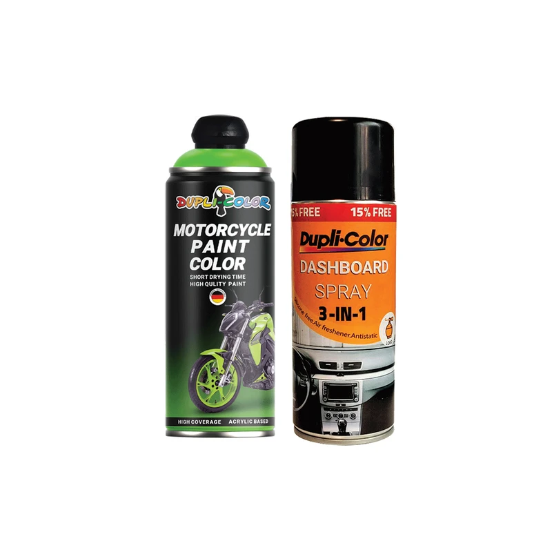 اسپری پولیش و خوشبو کننده داشبورد و اسپری رنگ موتور سیکلت سبز فلورسنت دوپلی کالر مدل شب تاب حجم 400 میلی لیتر مجموعه 2 عددی