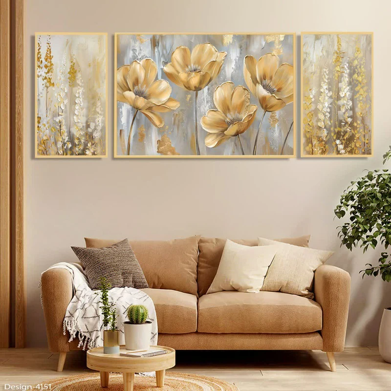  تابلو مدل منظره طرح گل کد 412 فریم طلایی مجموعه سه عددی