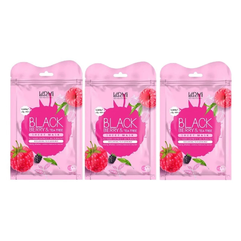 ماسک دبل شیت وارمی مدل تمشک و روغن درخت چای مناسب انواع پوست حجم 45 میلی لیتر بسته بندی 3 عددی 