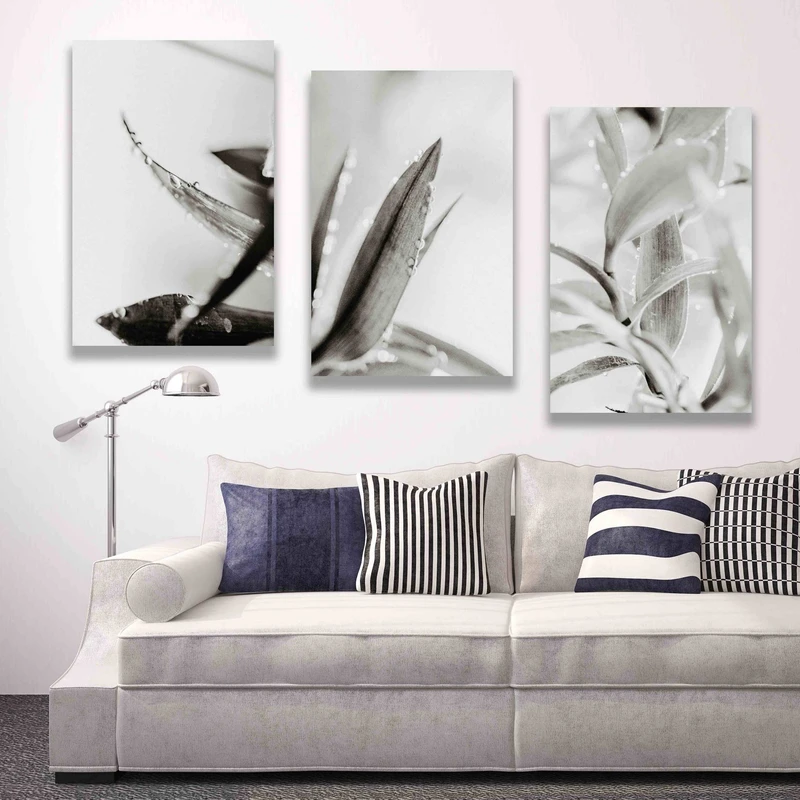 تابلو شاسی بکلیت طرح دکوری مدرن برگ سیاه و سفید مدل SH-1512 مجموعه 3 عددی